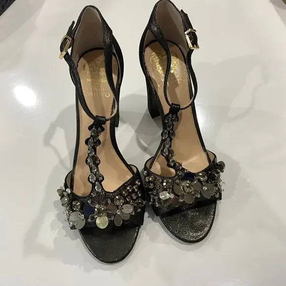 Vince Camuto Beaded Block Heels 8.5 Serafine Jeweled Suede T-Strap Heels - Picture 3 of 10